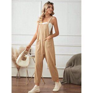 Boho overalls with pockets casual wide leg jumpsuit tan